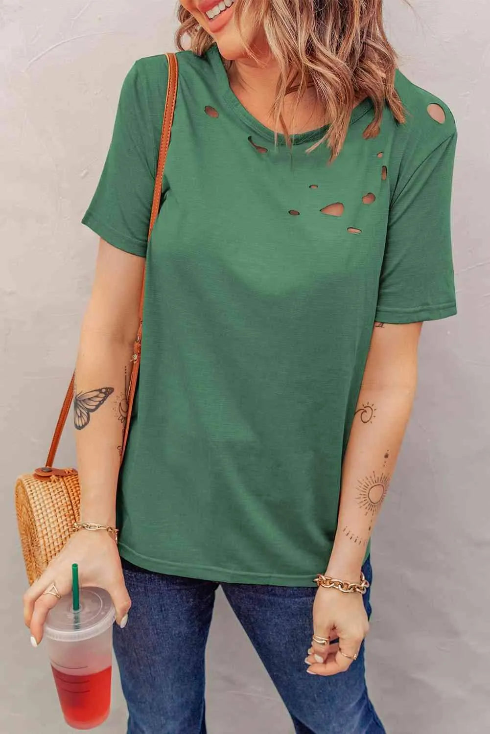 Distressed Short Sleeve Round Neck Tee Women's T-Shirts - Tophatter Daily Deals