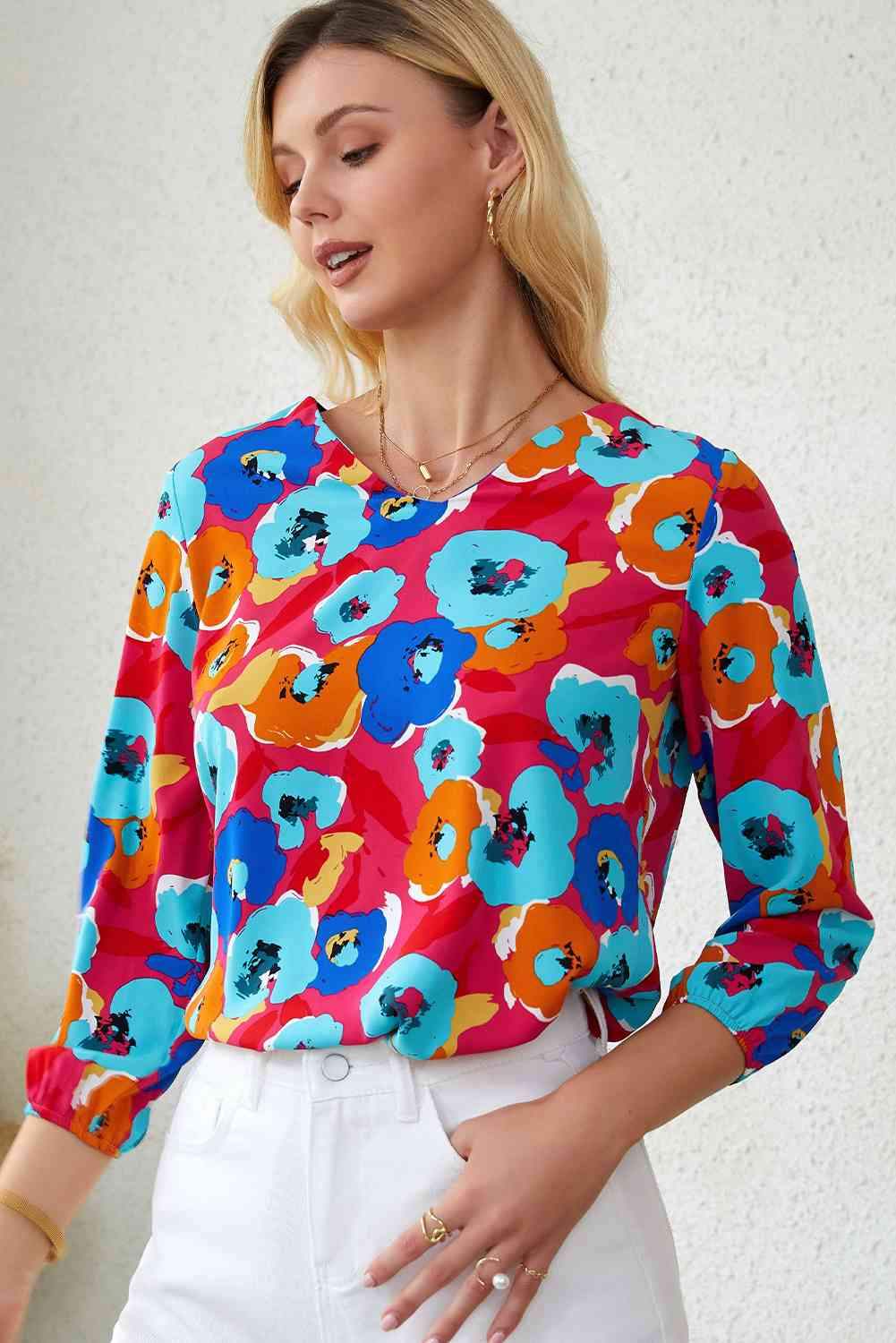 Floral V-Neck Three-Quarter Sleeve Top Blouses - Tophatter Daily Deals