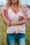 Two-Tone Raglan Sleeve V-Neck Tee Pink M Women's T-Shirts - Tophatter Daily Deals