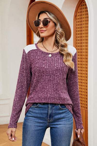 Eyelet Ribbed Round Neck Long Sleeve T-Shirt Women's T-Shirts - Tophatter Daily Deals