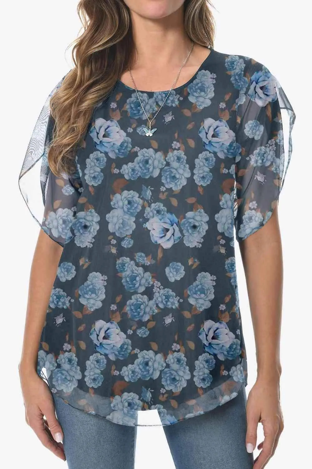 Printed Round Neck Curved Hem Blouse Dusty Blue Blouses - Tophatter Daily Deals