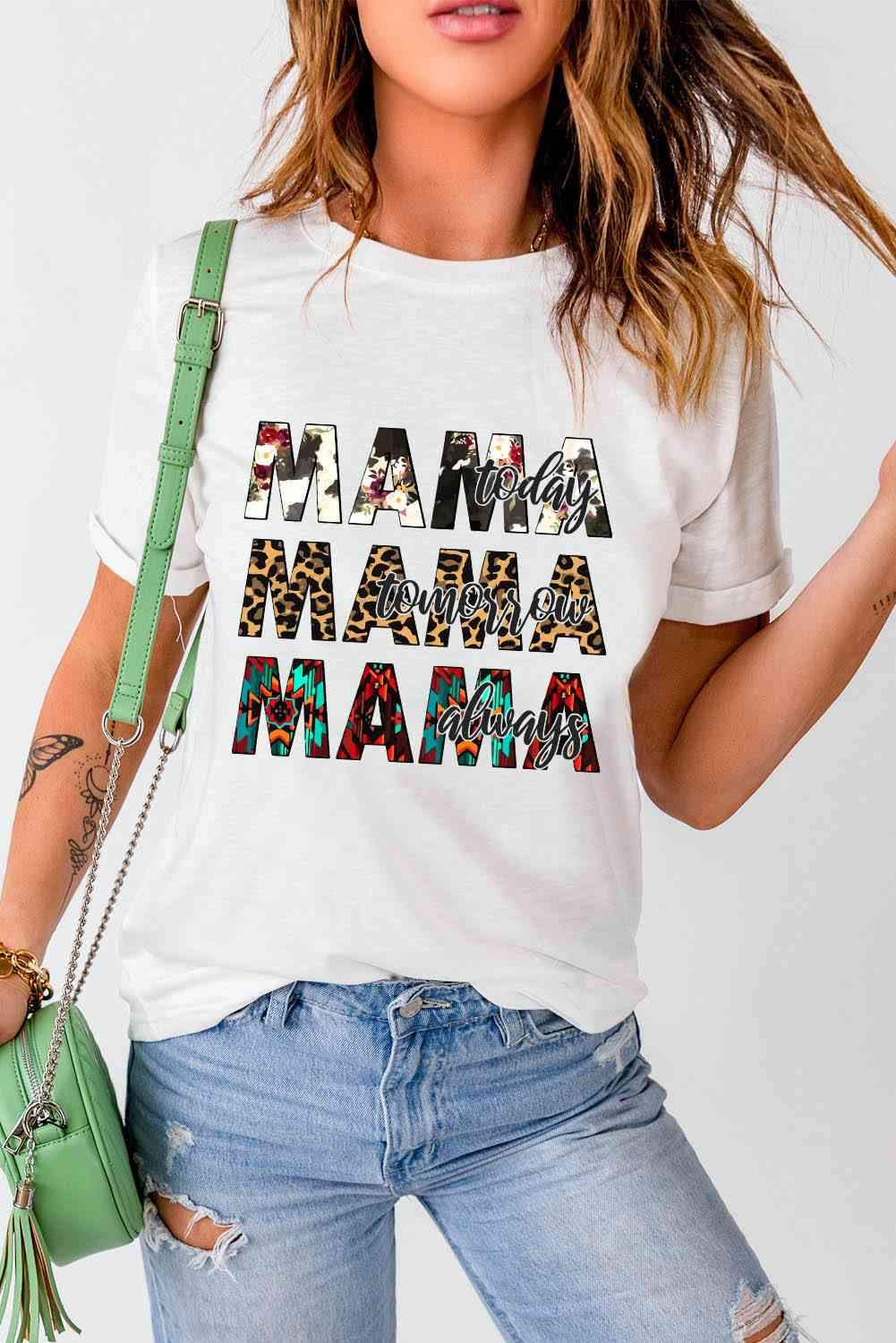 MAMA Graphic Cuffed Round Neck Tee Shirt Women's T-Shirts - Tophatter Daily Deals