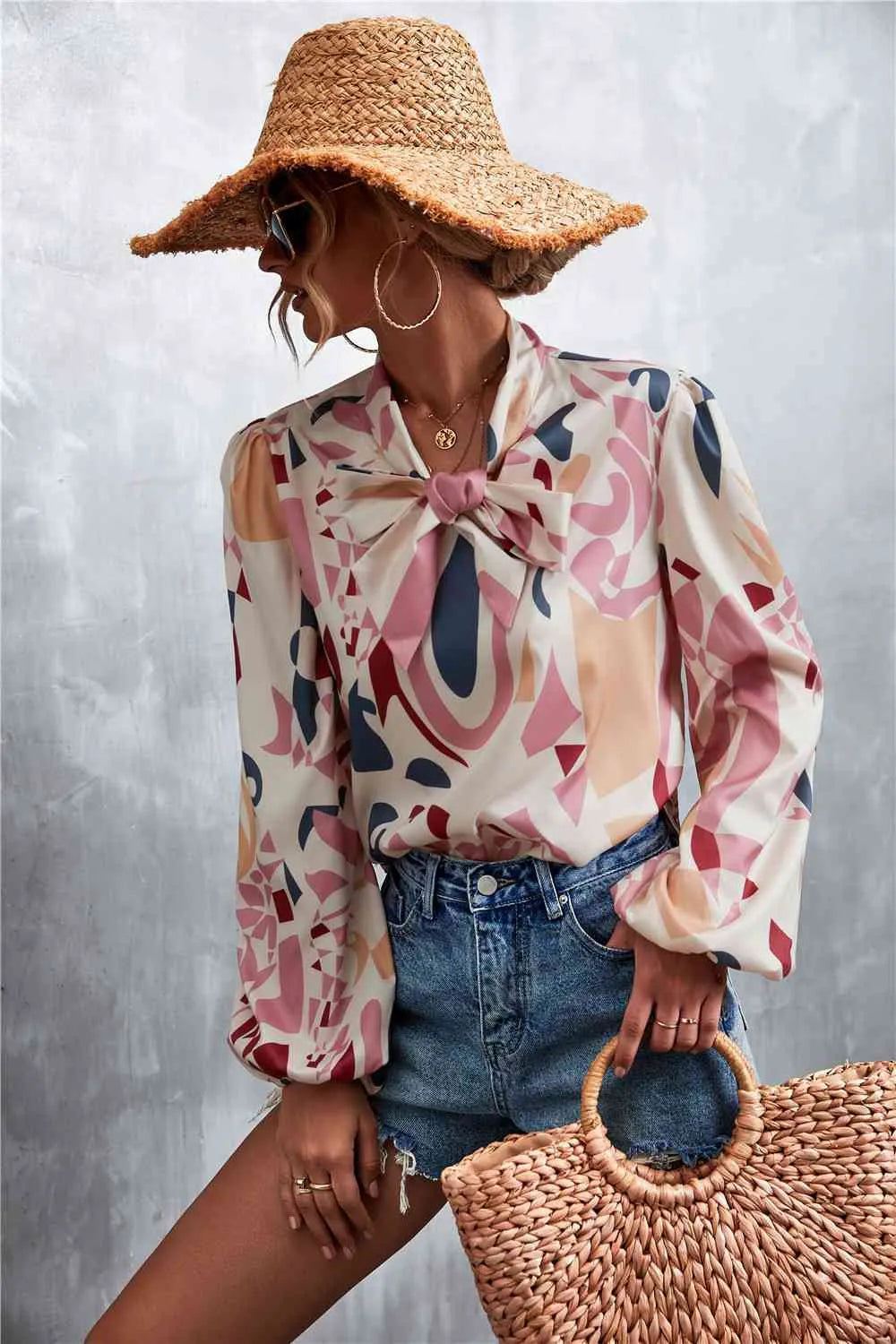 Printed Tie Neck Puff Sleeve Blouse Blouses - Tophatter Daily Deals