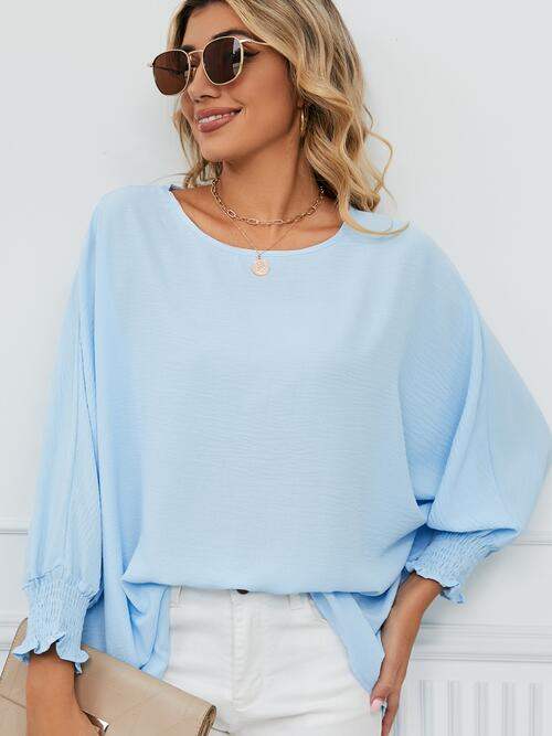 Smocked Lantern Sleeve Round Neck Blouse Blouses - Tophatter Daily Deals