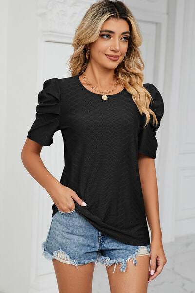 Eyelet Round Neck Puff Sleeve T-Shirt Black Women's T-Shirts - Tophatter Daily Deals