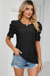 Eyelet Round Neck Puff Sleeve T-Shirt Black Women's T-Shirts - Tophatter Daily Deals