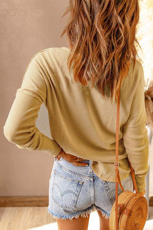 Waffle Knit Henley Long Sleeve Top Blouses - Tophatter Daily Deals