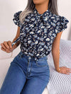 Floral Tie Neck Flutter Sleeve Blouse Navy Blouses - Tophatter Daily Deals