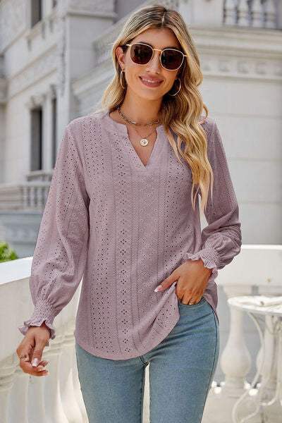 Eyelet Notched Lantern Sleeve T-Shirt Dusty Purple Women's T-Shirts - Tophatter Daily Deals