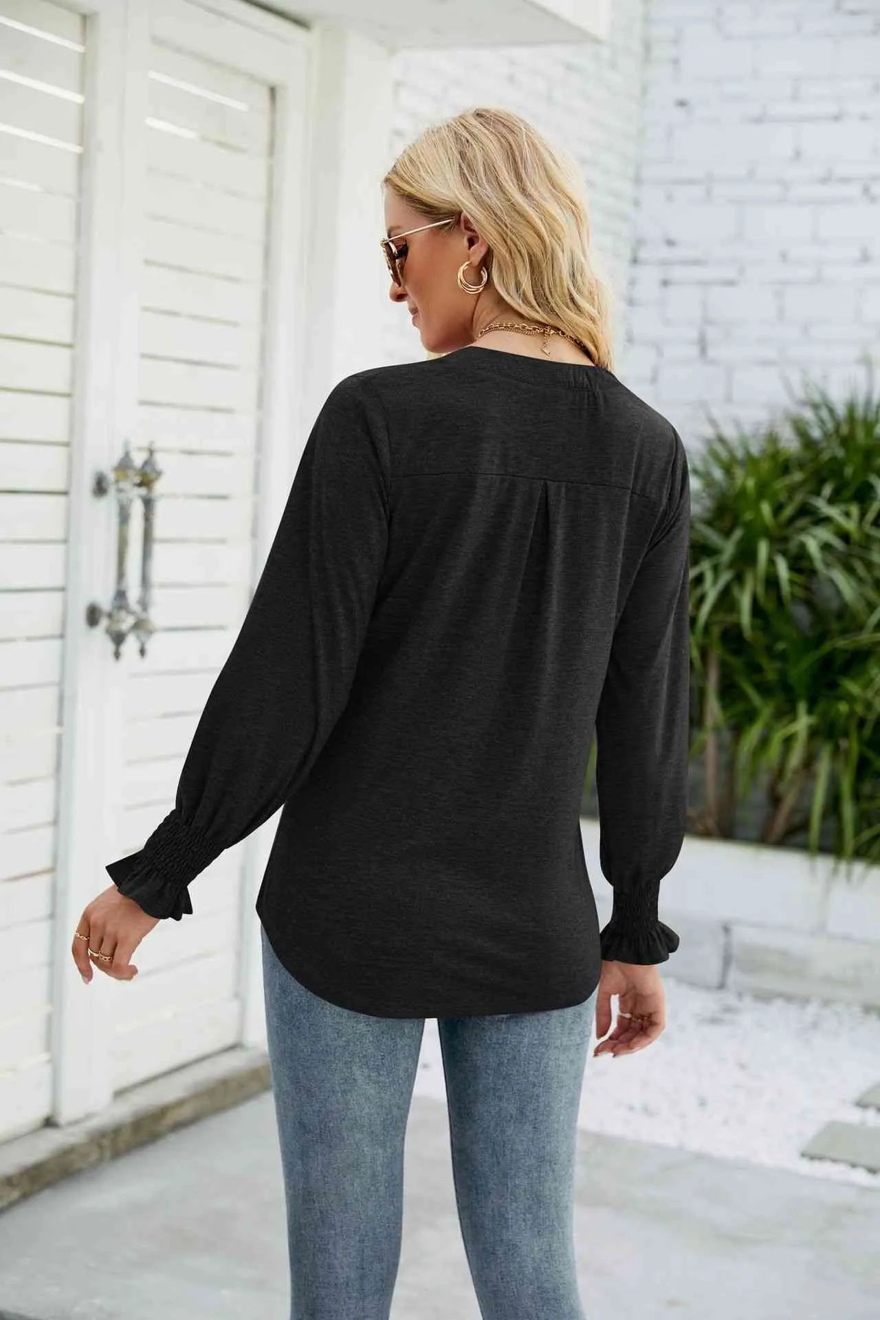 Heathered Flounce Sleeve Curved Hem Top Blouses - Tophatter Daily Deals