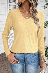 Eyelet V-Neck Long Sleeve T-Shirt Banana Yellow Women's T-Shirts - Tophatter Daily Deals