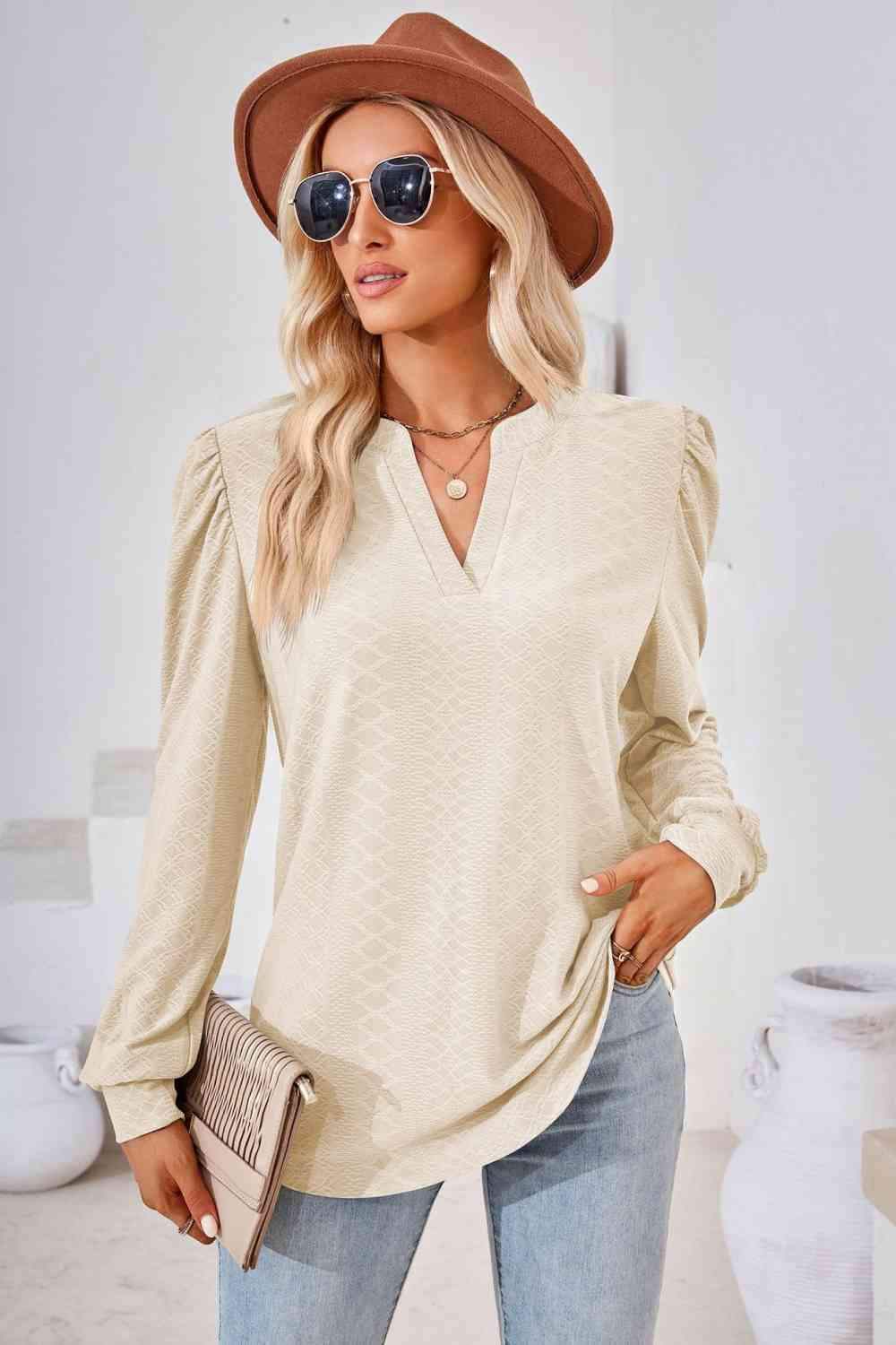 V-Neck Puff Sleeve Blouse Blouses - Tophatter Daily Deals