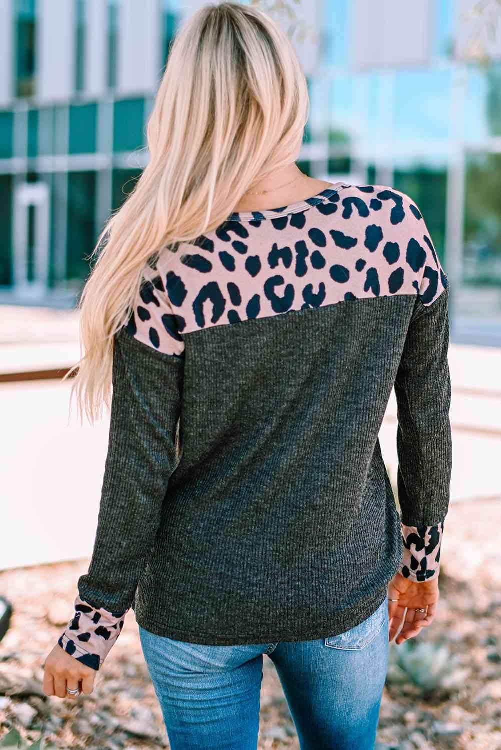 Leopard Round Neck Ribbed Top Blouses - Tophatter Daily Deals