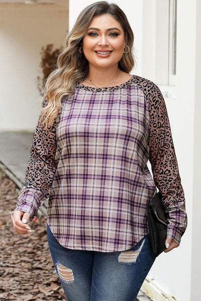 Plus Size Leopard Raglan Sleeve Plaid T-Shirt Plaid Women's T-Shirts - Tophatter Daily Deals