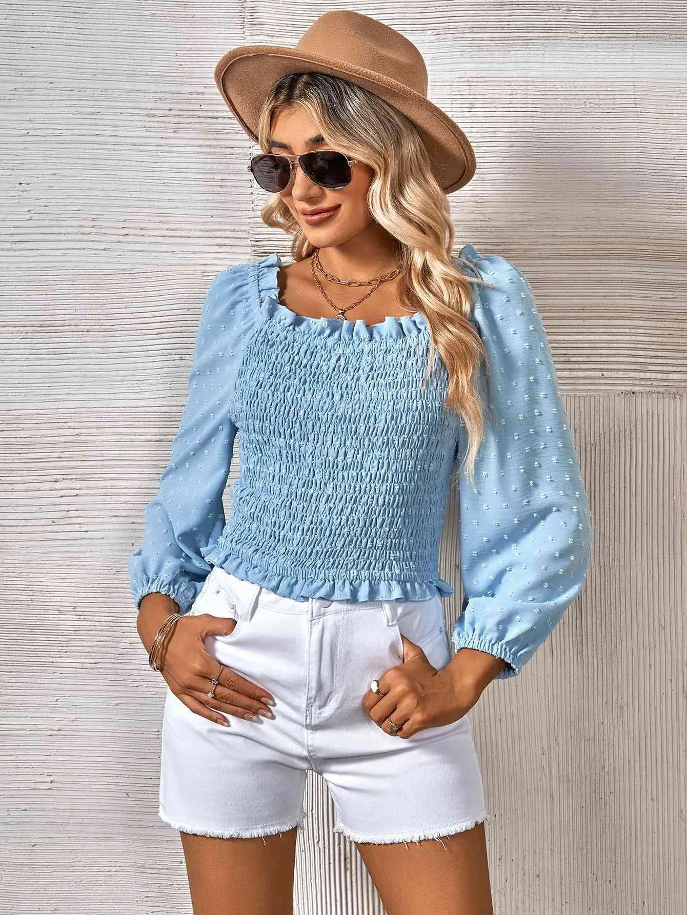 Swiss Dot Smocked Frill Trim Blouse Blouses - Tophatter Daily Deals