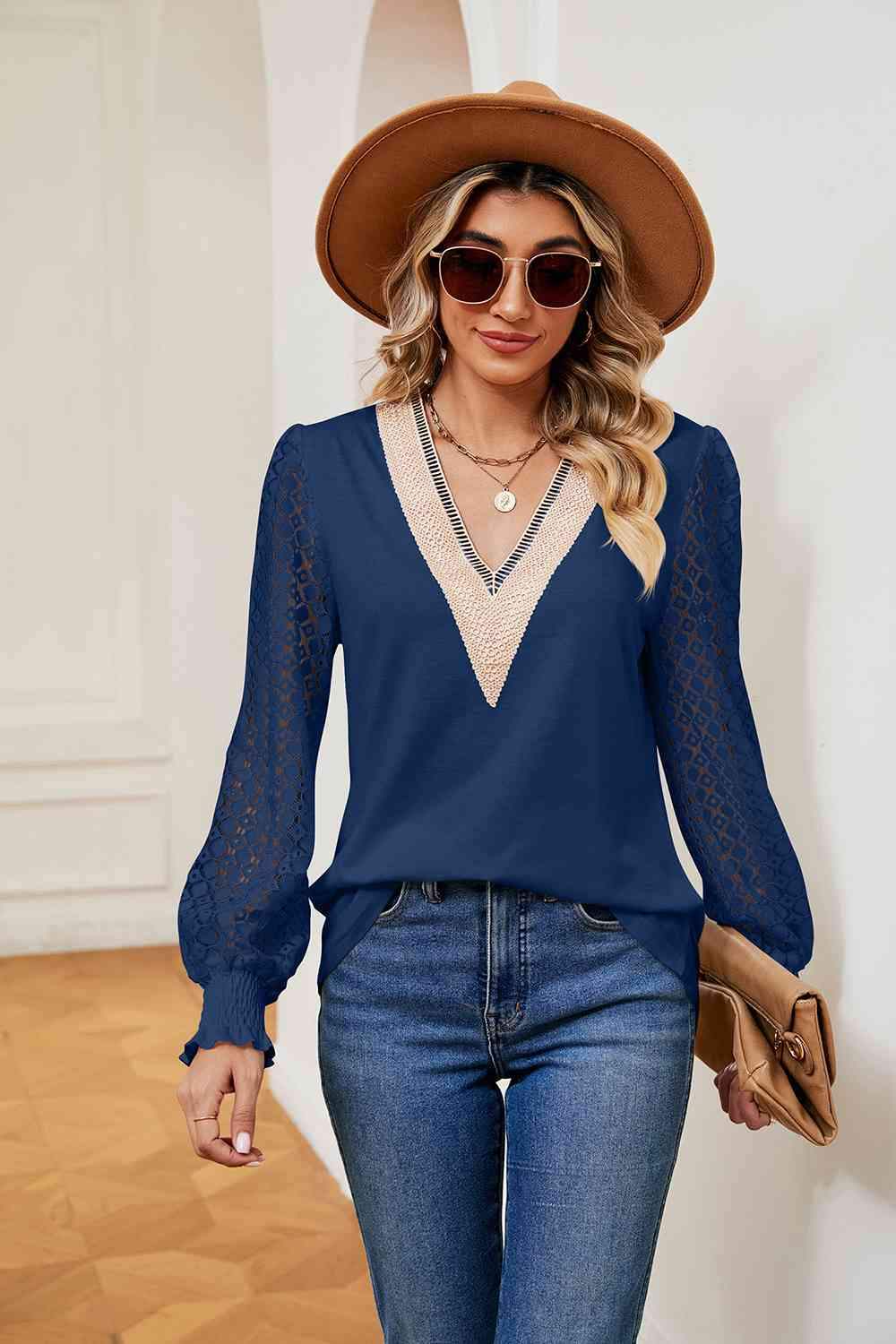 Contrast V-Neck Long Sleeve Blouse Blouses - Tophatter Daily Deals