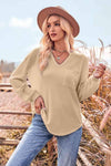 V-Neck Dropped Shoulder Waffle-Knit Blouse Sand Blouses - Tophatter Daily Deals