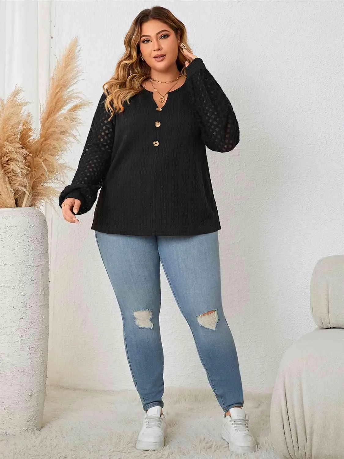 Plus Size Openwork Notched Button Front Blouse Blouses - Tophatter Daily Deals