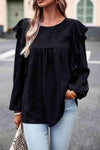 Round Neck Ruffled Blouse Black Blouses - Tophatter Daily Deals