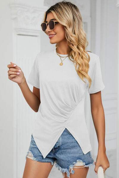 Ruched Round Neck Short Sleeve T-Shirt White Women's T-Shirts - Tophatter Daily Deals