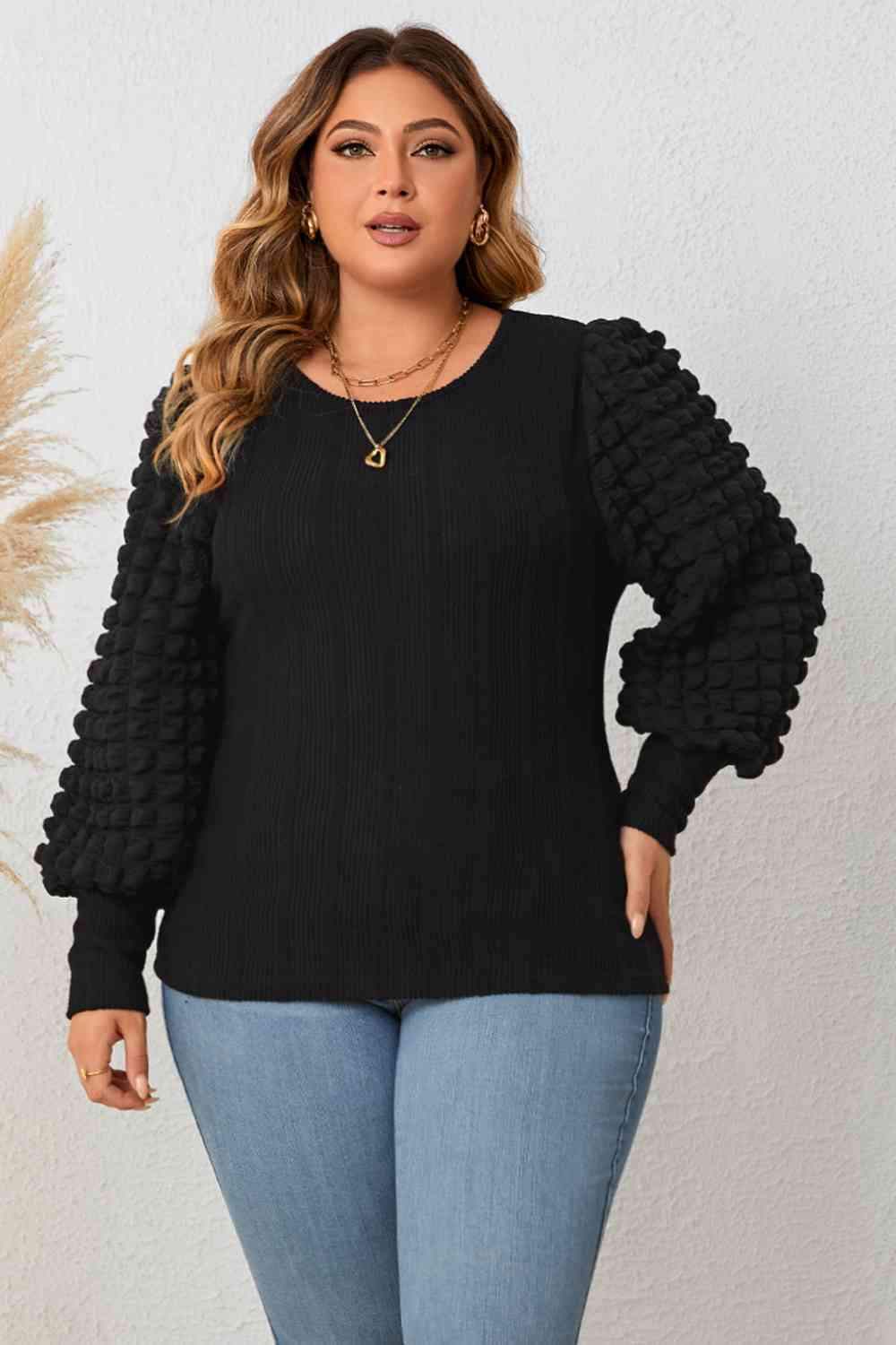 Plus Size Round Neck Lantern Sleeve Blouse Black Women's T-Shirts - Tophatter Daily Deals