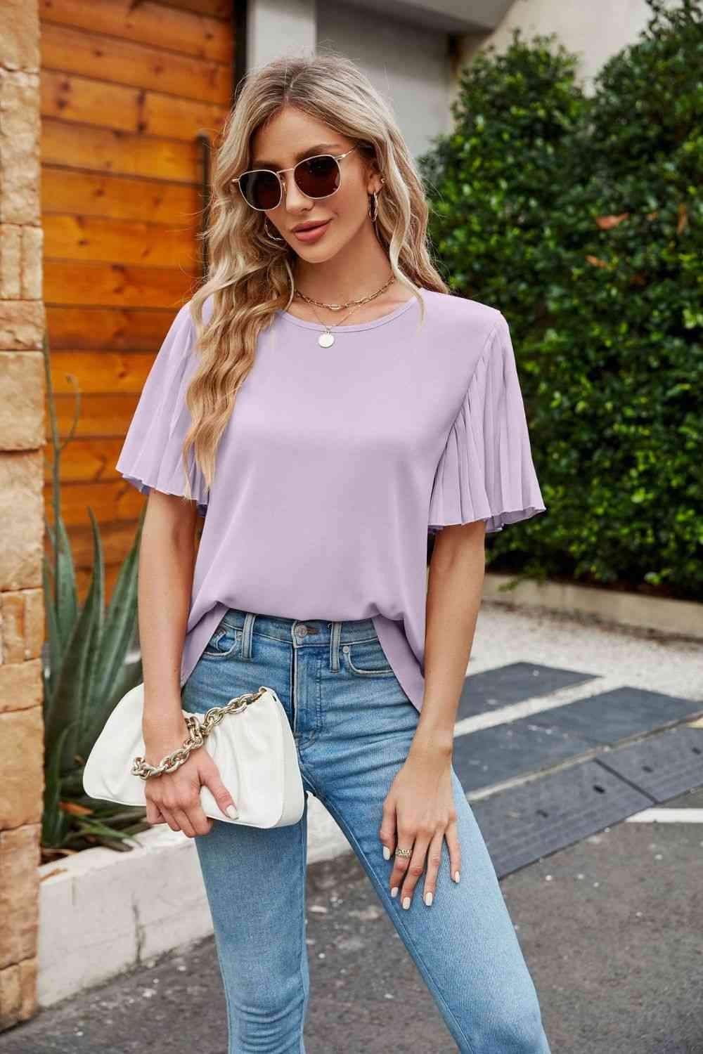 Pleated Flutter Sleeve Round Neck Blouse Lilac Blouses - Tophatter Daily Deals