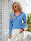 V-Neck Smocked Ruffled Long Sleeve Top Sky Blue Women's T-Shirts - Tophatter Daily Deals