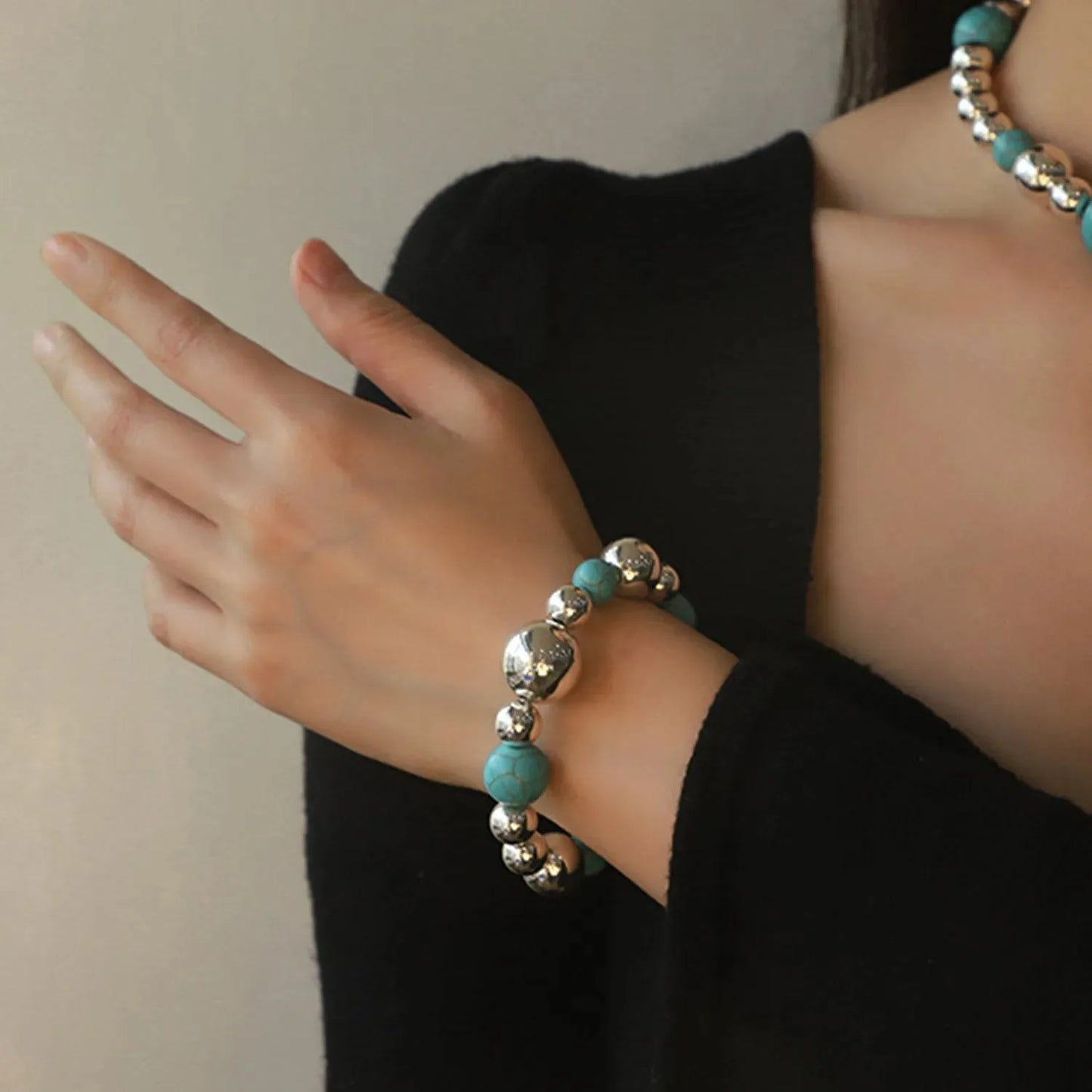 Artificial Turquoise Alloy Beaded Bracelet Silver One Size Bracelets - Tophatter Daily Deals