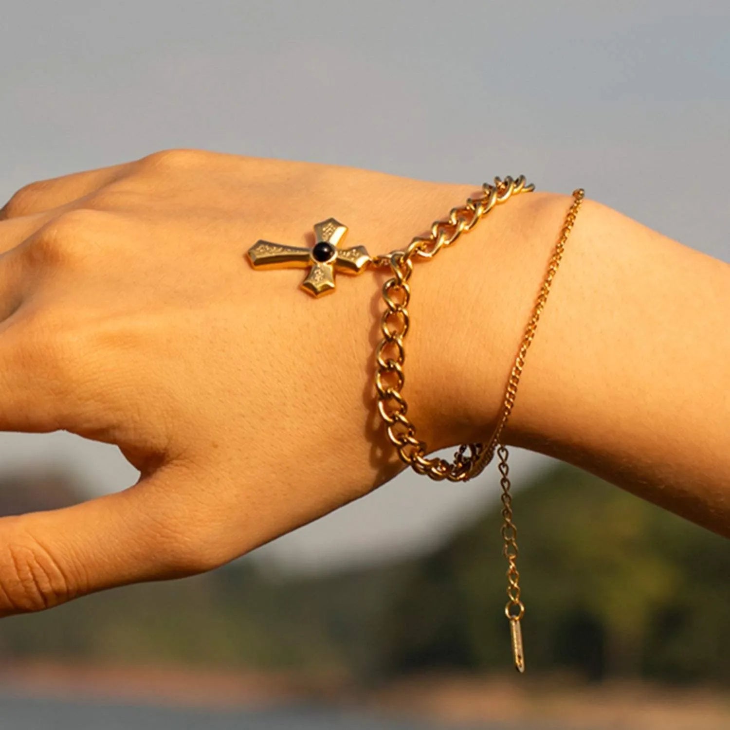 Stainless Steel Imitation Gemstone Cross Shape Pendant Bracelet Bracelets - Tophatter Daily Deals