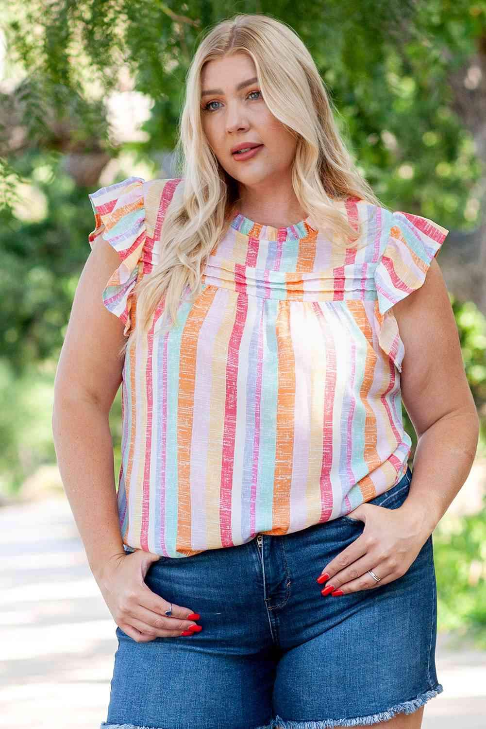 Plus Size Striped Round Neck Flutter Sleeve Blouse Blouses - Tophatter Daily Deals