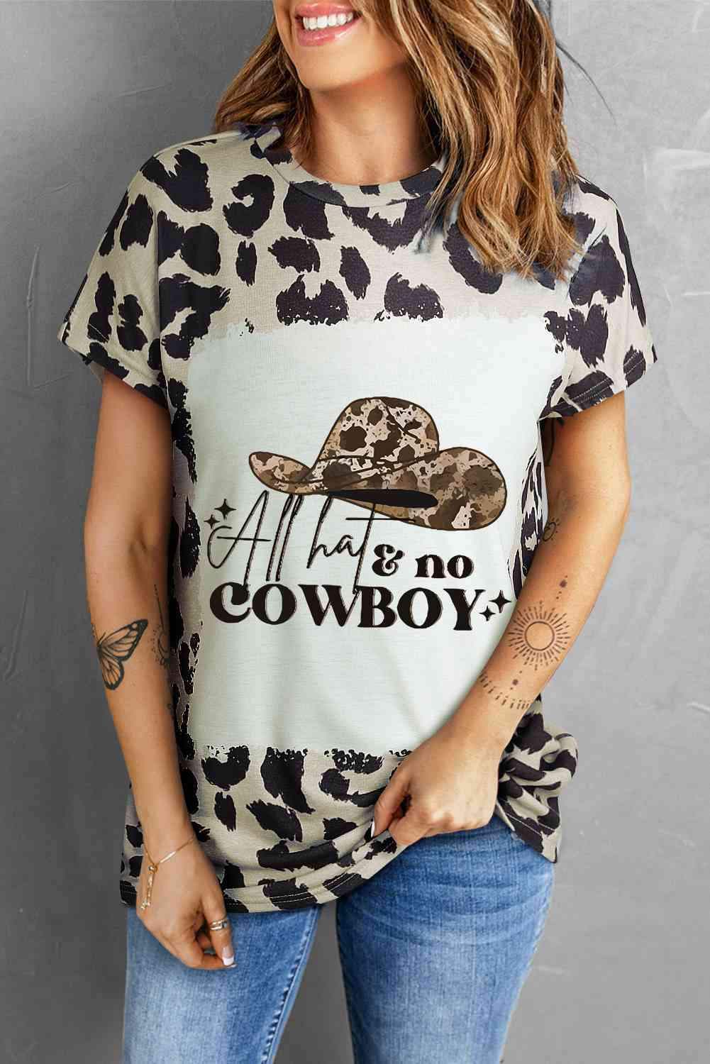 Round Neck Short Sleeve Printed ALL HATS NO COWBOY Graphic Tee Leopard - Tophatter Daily Deals