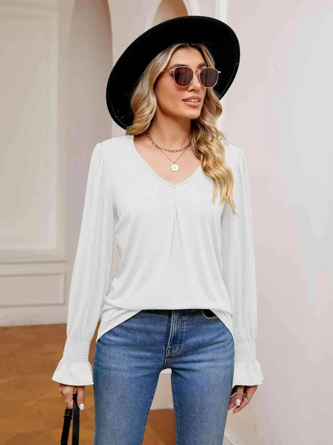 V-Neck Flounce Sleeve Blouse White Blouses - Tophatter Daily Deals