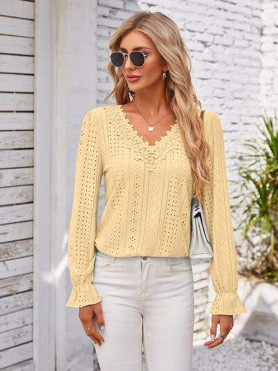 Applique V-Neck Flounce Sleeve T-Shirt Butter Yellow Women's T-Shirts - Tophatter Daily Deals