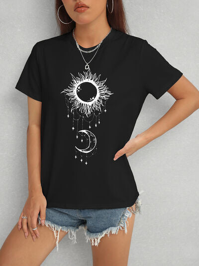 Sun & Moon Graphic Round Neck T-Shirt Black Women's T-Shirts - Tophatter Daily Deals