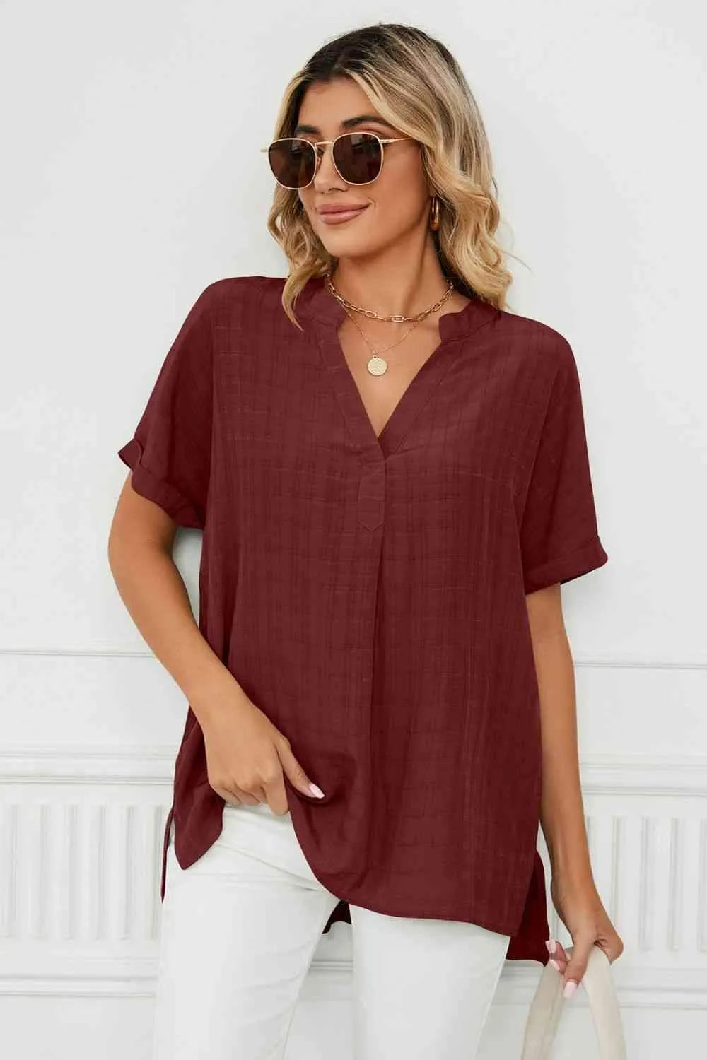 Side Slit Notched Neck Cuffed Short Sleeve Blouse Blouses - Tophatter Daily Deals