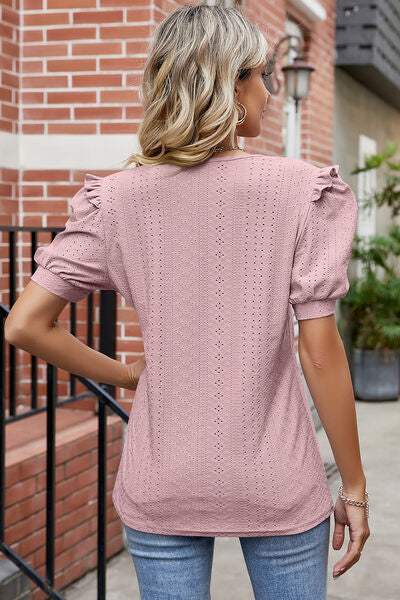 Eyelet Ruffled Round Neck T-Shirt Women's T-Shirts - Tophatter Daily Deals