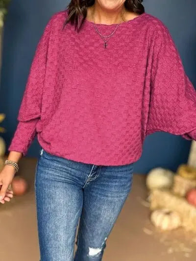 Checkered Round Neck Batwing Sleeve T-Shirt Women's T-Shirts - Tophatter Daily Deals
