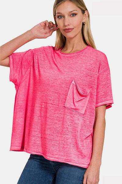 Zenana Pocketed Round Neck Dropped Shoulder T-Shirt FUCHSIA Women's T-Shirts - Tophatter Daily Deals