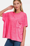 Zenana Pocketed Round Neck Dropped Shoulder T-Shirt FUCHSIA Women's T-Shirts - Tophatter Daily Deals