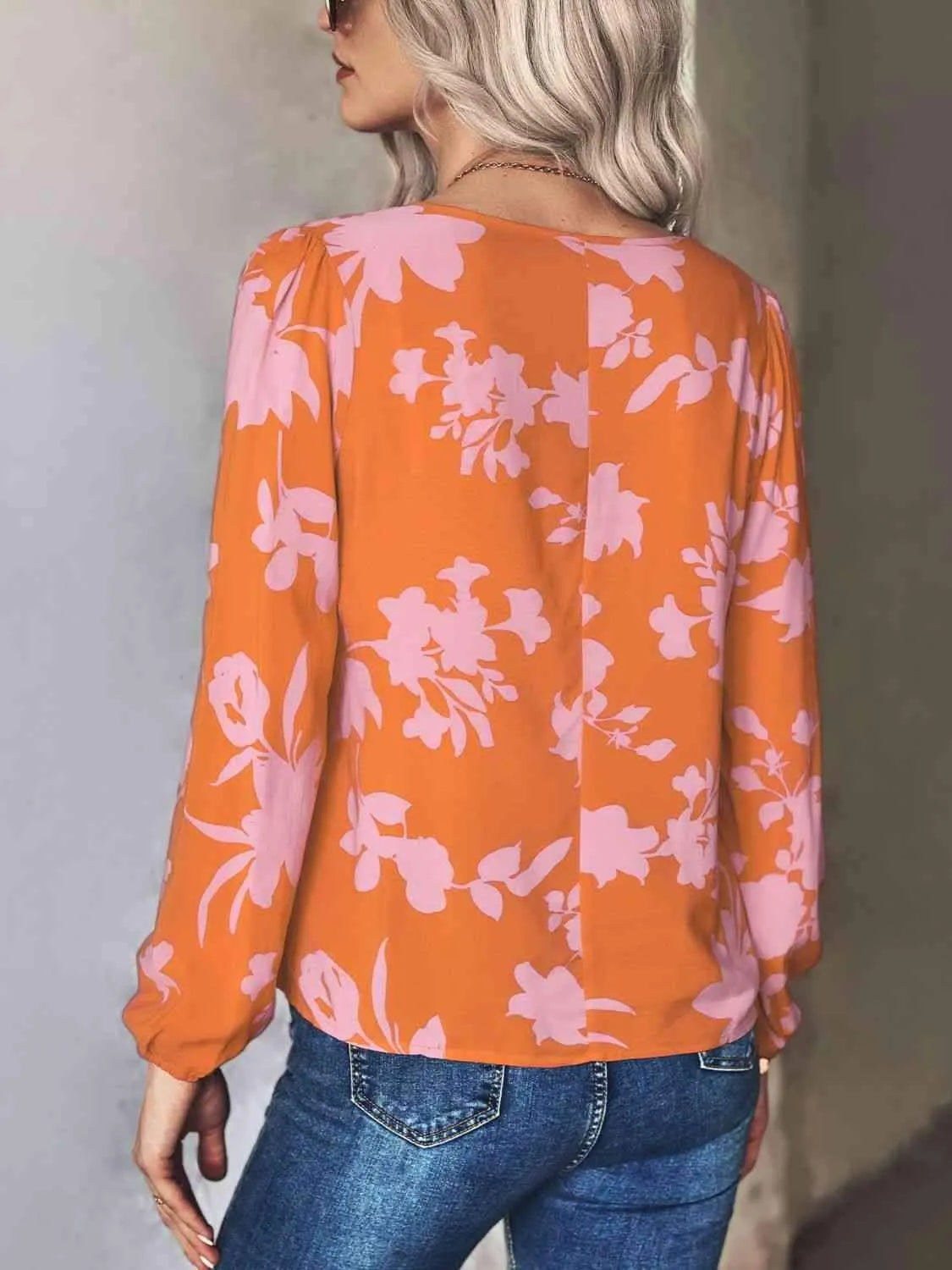 Printed Tie Neck Long Sleeve Blouse Blouses - Tophatter Daily Deals
