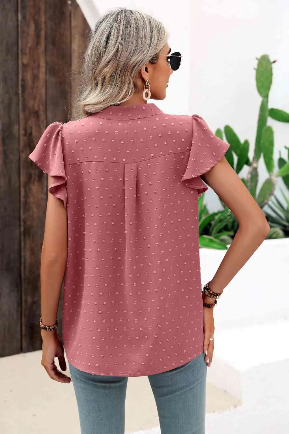 Swiss Dot Flutter Sleeve Notched Neck Blouse Blouses - Tophatter Daily Deals