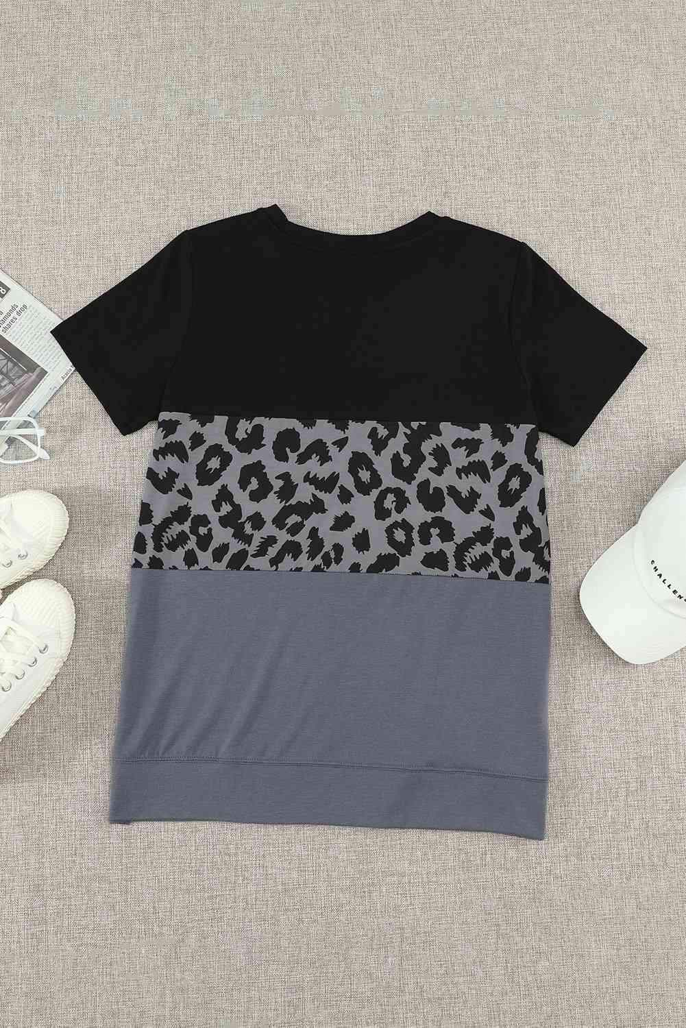 Leopard Print Color Block Short Sleeve T-Shirt Women's T-Shirts - Tophatter Daily Deals