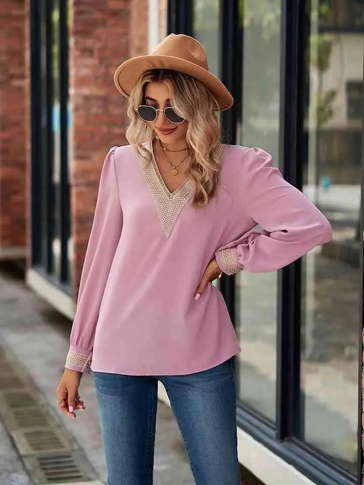 V-Neck Long Sleeve Blouse Blouses - Tophatter Daily Deals