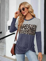 Color Block Round Neck Long Sleeve Blouse Misty Blue Blouses - Tophatter Daily Deals