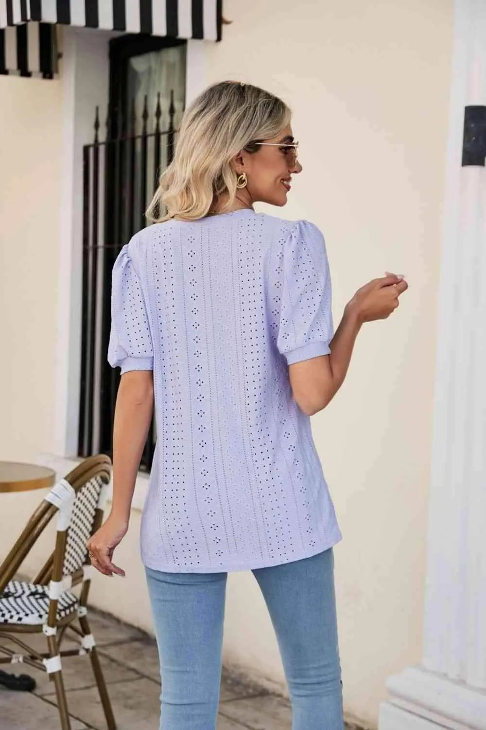 Eyelet Puff Sleeve V-Neck Top Blouses - Tophatter Daily Deals
