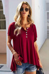 Quarter-Button Round Neck Puff Sleeve Top Wine Blouses - Tophatter Daily Deals