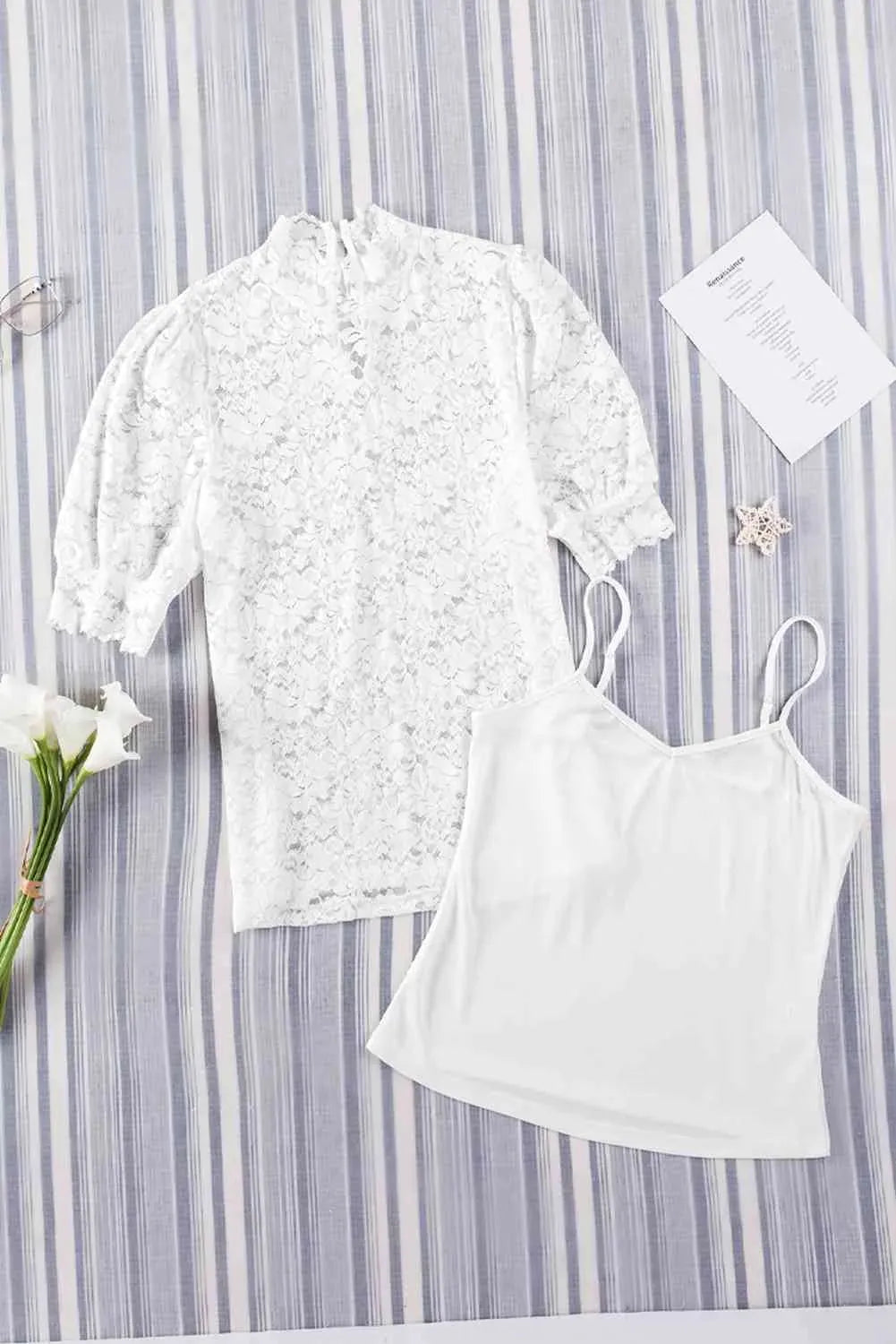 Lace Scalloped Short Puff Sleeve Top Blouses - Tophatter Daily Deals