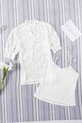 Lace Scalloped Short Puff Sleeve Top Blouses - Tophatter Daily Deals