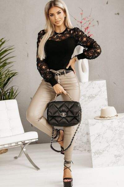 Hollowed Floral Lace Spliced Long Sleeve Blouse Blouses - Tophatter Daily Deals