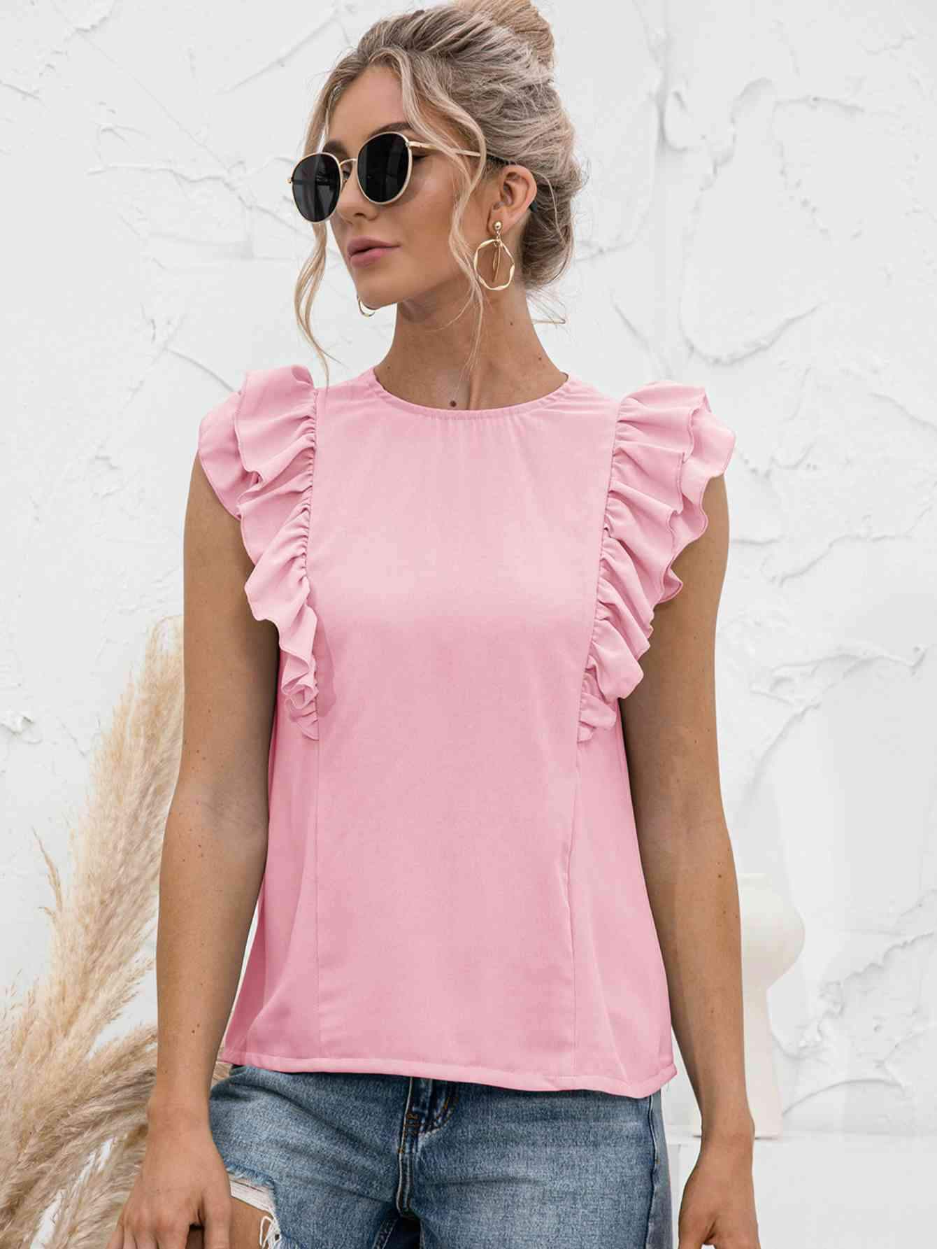 Round Neck Tied Open Back Flutter Sleeve Top Blush Pink Blouses - Tophatter Daily Deals